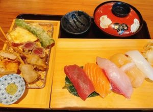 肉天ぷら、寿司、刺身などの和食とともに厳選地酒が楽しめる「酒と肉天ぷら 勝天-KYOTO GATTEN- 先斗町本店」で提供する料理のイメージ画像